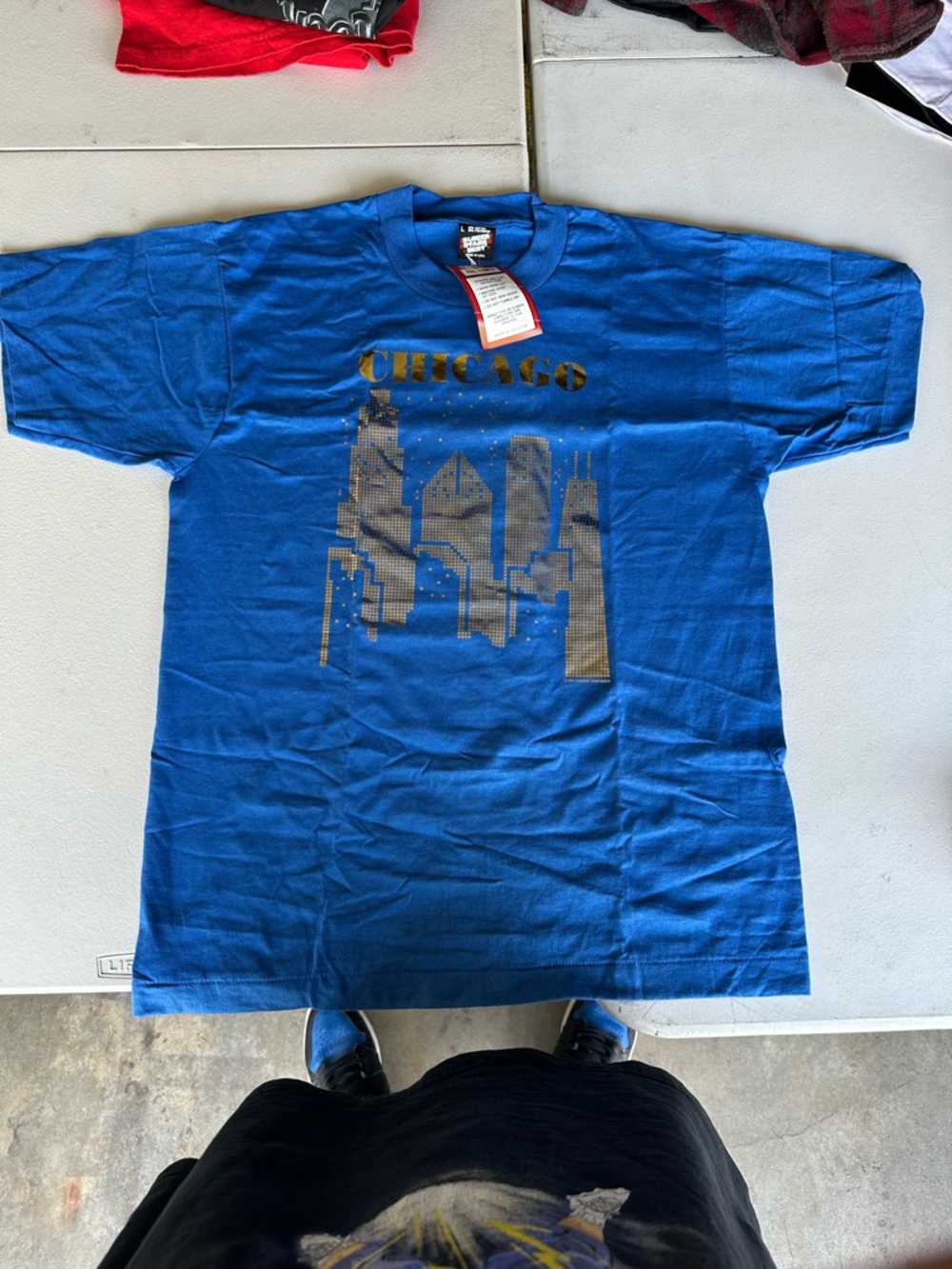 Vintage Screen Stars Blue Chicago Skyline Tee with Gold Print